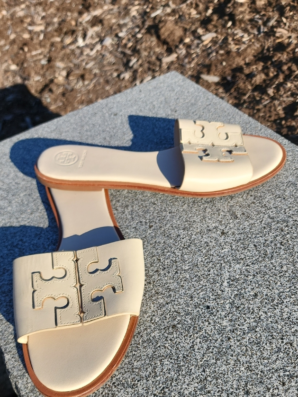 Tory Burch Ines Cream Leather Slide Sandals with Logo Size 9
